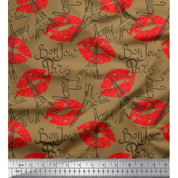 Soimoi Brown Rayon Crepe Fabric Text,Eiffel Tower & Lips Women Print Sewing Fabric Yard 46 Inch Wide