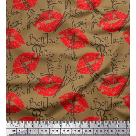 Soimoi Brown Velvet Fabric Text,Eiffel Tower & Lips Women Print Sewing Fabric Yard 58 Inch Wide