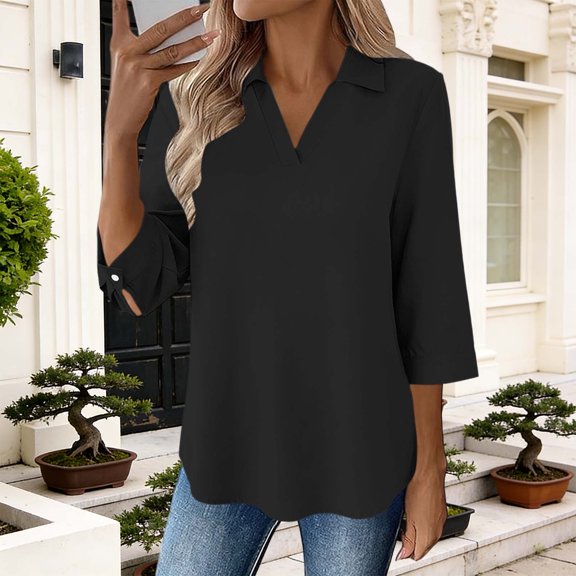 Blouse for Women V Neck Three Quarter Sleeve Fashion Loose Fit Solid Color Soft Lightweight Side Split Pullover Dressy Officewear Work Uniform Summer Tops