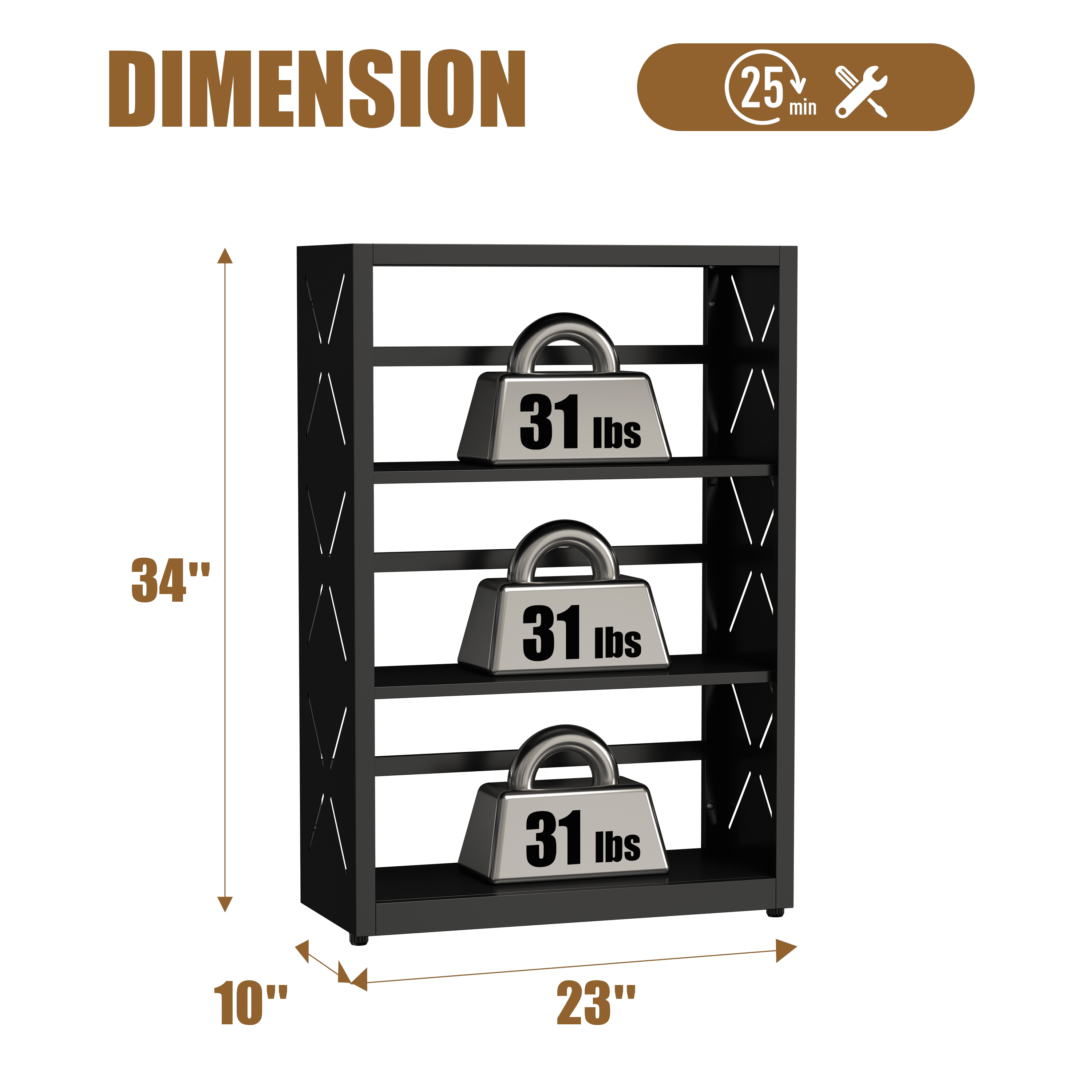 Polup Industrial Style 3-Tier Freestanding Bookcase with Adjustable Metal Shelves, Black, 1-Pack
