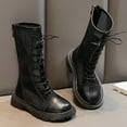 thumbnail image 2 of Juebong Girls Lace-Up Combat Boots with Side Zipper, Mesh PU Leather Knee-High Lug Sole Dress/School Boots for Toddler/Little/Big Kids Black,27, 2 of 8