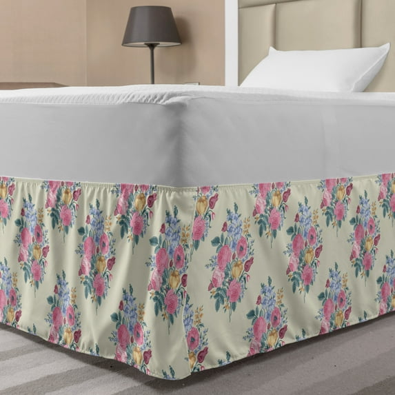 Floral Bed Skirt, Vintage Floral Drawing Style Classical in Pastel Colors Rhythmic Pattern, Elastic Bedskirt Dust Ruffle Wrap Around for Bedding Decor, 4 Sizes, Eggshell Multicolor, by Ambesonne