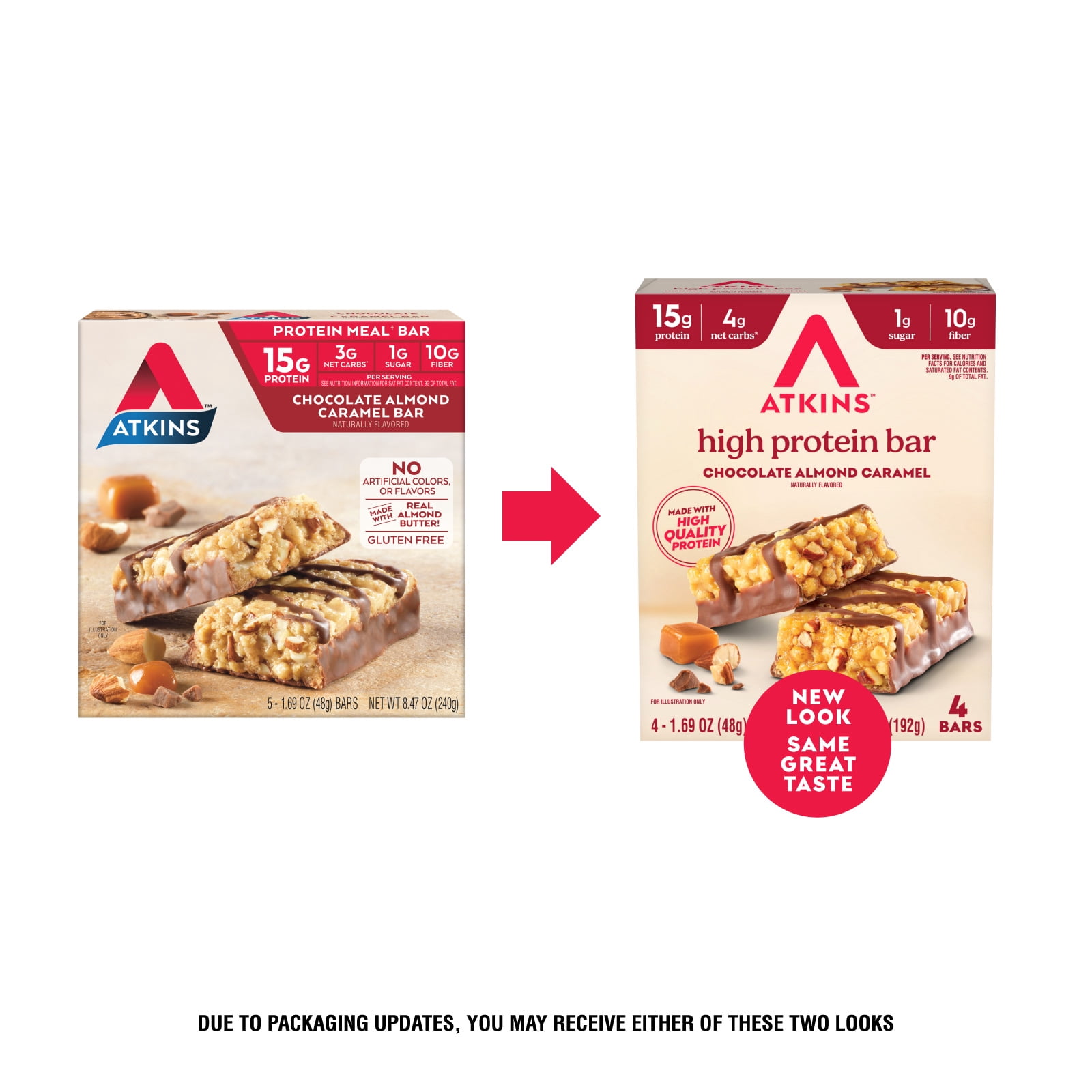 Atkins High Protein Bars, Chocolate Almond Caramel Flavored, 15g Protein, Low Sugar, Keto Friendly, Fiber Snacks, 4 Count