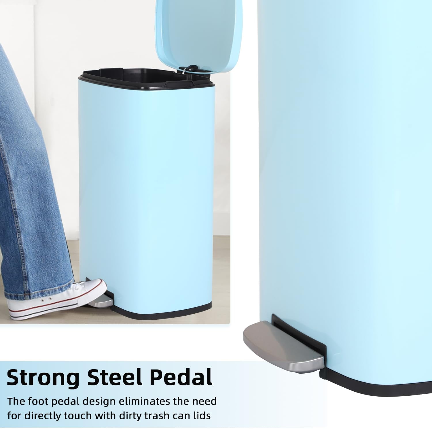 CL.HPAHKL 50 Liter / 13 Gallon Garbage Can, Fingerprint-Proof Garbage Can with Lid Stainless Steel Kitchen Trash Can with Removable Inner Bucket Step Trash Can, Brushed Stainless Steel Finish, Blue