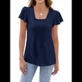 thumbnail image 3 of Blusas Tipo Túnica Plisadas de Verano para Mujer, con Volantes, Cuello Cuadrado, Color Liso, para Vacaciones, Corta. Azul Marino M, 3 of 10