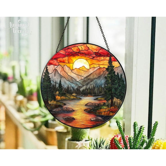 Mountain Range Stained Glass Suncatcher, Nature Suncatcher For Window Hanging, Stained Glass Window Home Decor, Sunrise Sunset Suncatcher