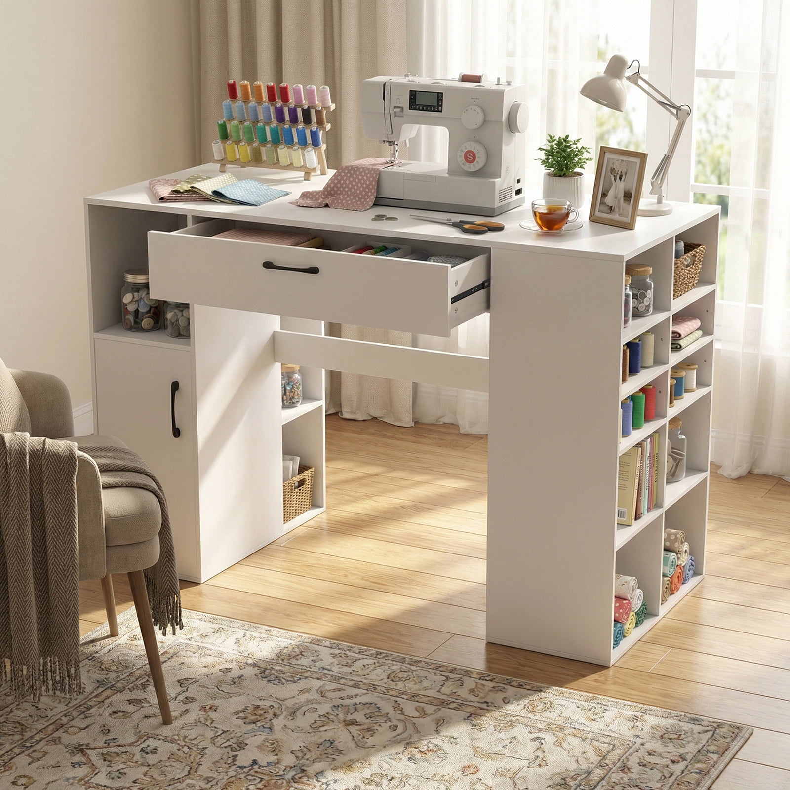 ELLEGNT Counter Height Computer Desk with Adjustable Shelves and Drawer - Sewing Craft Table for Home Office, Craft Room