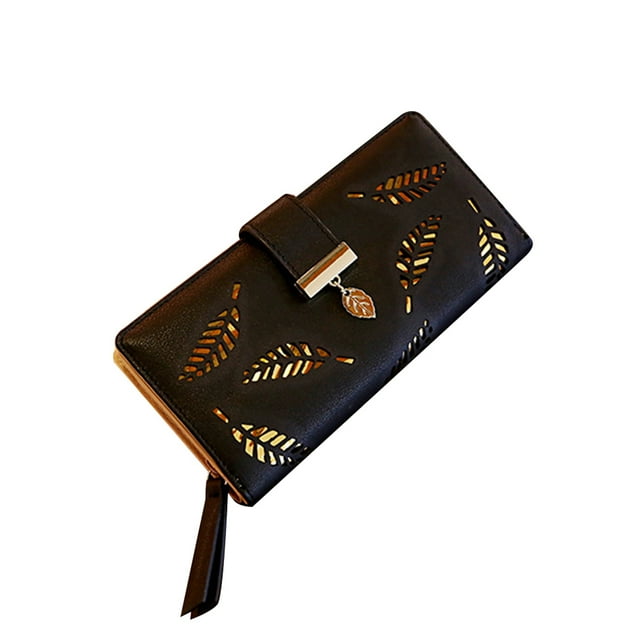 Portefeuille Bifold à Longues Feuilles pour Femmes Porte-cartes en Cuir Creux Portefeuille Long pour Femmes Sac à Main Pochette