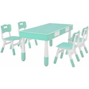 HOMFY Kids Table and 4 Chairs Set, Lego Block Height Adjustable Study Desk, Blue