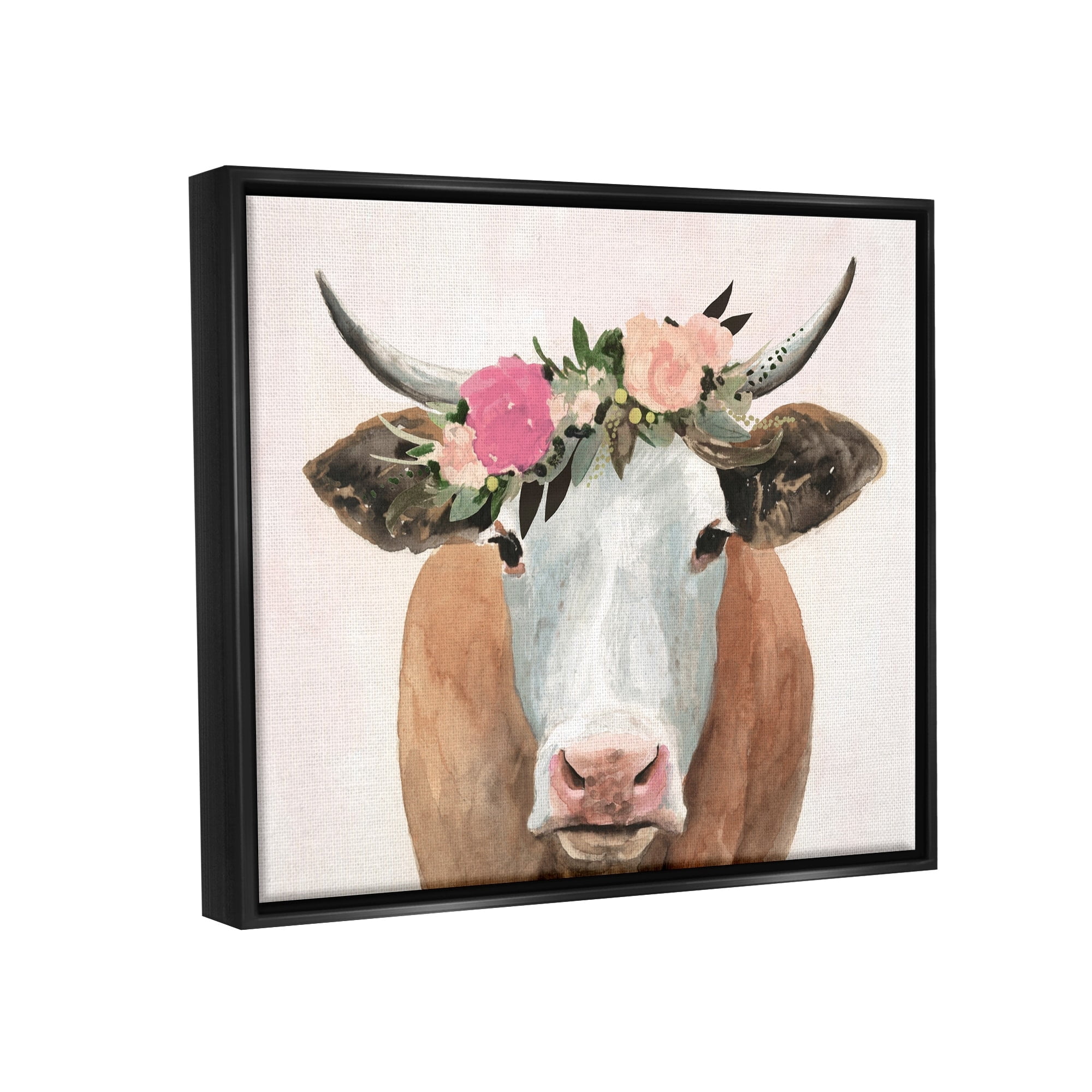Stupell Industries Springtime Flower Crown Farm Cow with Horns Jet Black Framed Floating Canvas Wall Art, 24x30, by Victoria Borges