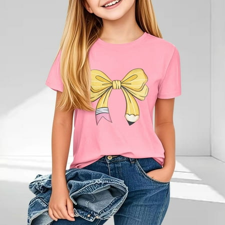 BLTIBY 2025 Girls Boys Summer Short Sleeve Top Child Kid Round Neck Bow Printed Shirts Infant Toddler Fashion Casual Loose Pullover Blouses Pink 5-6 Years BLTIBY 2025 Girls Boys Summer Short Sleeve Top Child Kid Round Neck Bow Printed Shirts Infant Toddler Fashion Casual Loose Pullover Blouses Pink 5-6 Years