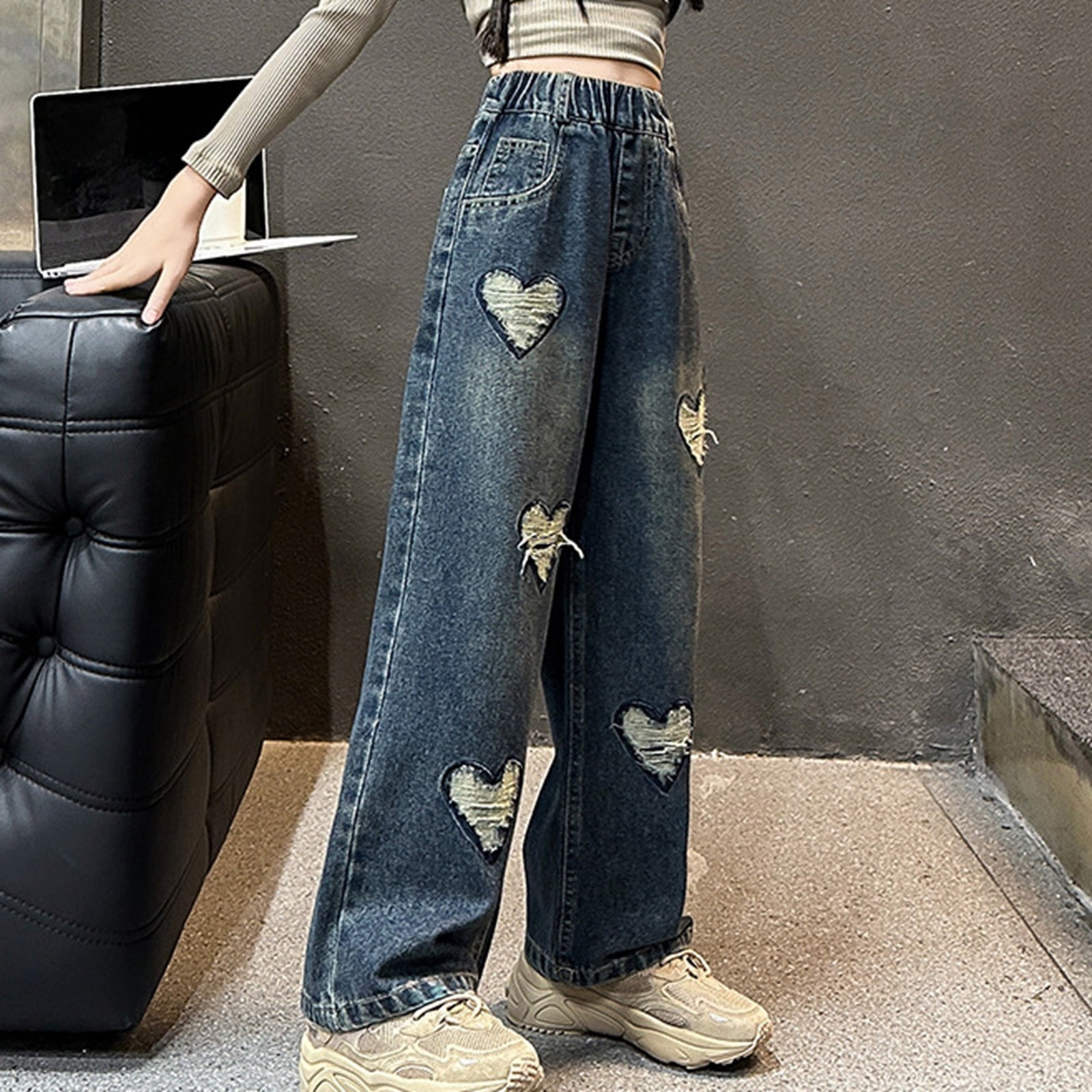 Girls Jeans Size 8 Girls Fashion Cute Personality Pants Elastic Waist Wide Leg Jeans Casual Demin Pants With Pockets Kids Clothes Size 13-14Y( Navy )