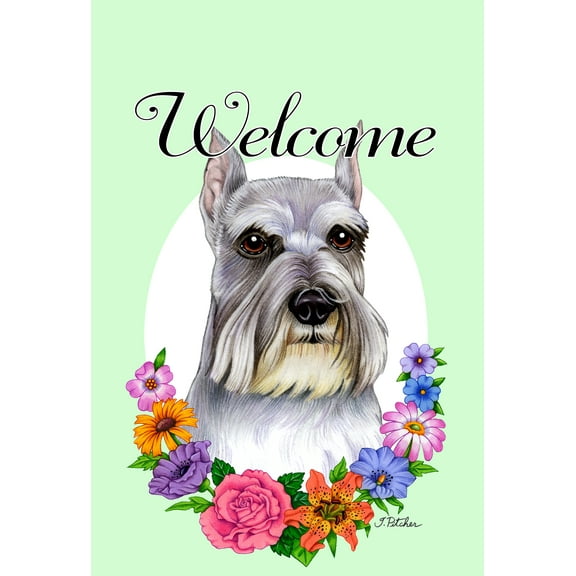 Schnauzer Grey Cropped - Best of Breed Welcome Flowers Garden Flags