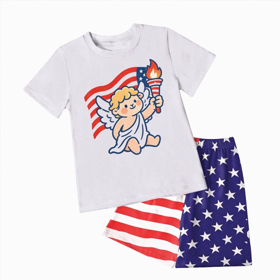 KPOPLK Girls Summer 2Pcs Outfits Set Clothing Short Sleeve Rainbow Stripe Embroidery and Elastic Waist Shorts Clothes(3-4 Years,Dark Purple)