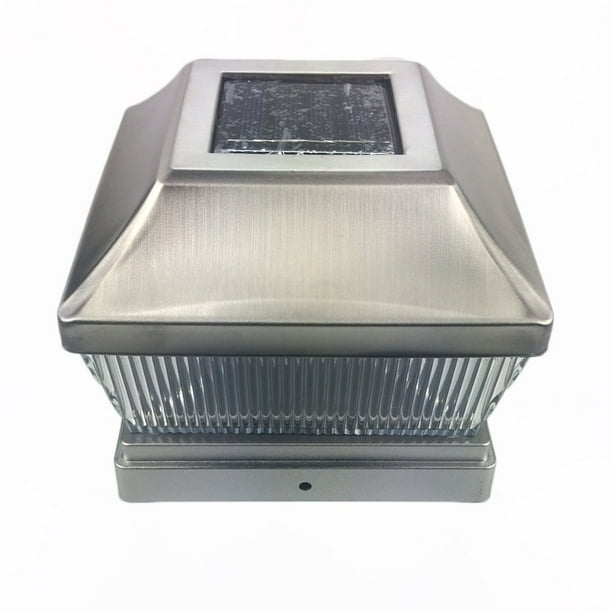 Solar Powered Silver Post Cap LED Light 5x5 Stainless Steel Metal