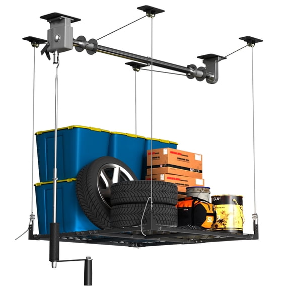 HOHYN 47.24″ Heavy-Duty Garage Storage Lift System, 400 lbs Ceiling Storage Lift with 130″ Lifting Range & Safety Lock, Adjustable Ceiling SAM Storage for Up to 13 ft Ceilings