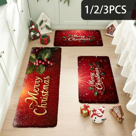 3PCS Kitchen Mat set, Welcome Door Flannel Rug,Home Decor for Front Door,Kitchen, Bathroom, Merry Christmas Red Background With Holly And Snowflake Pattern ,Great