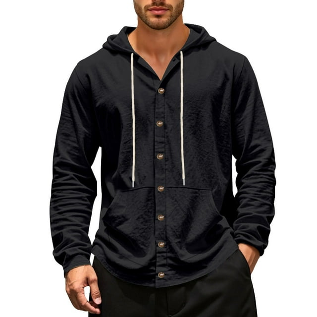 SHIXIAOO Chemise Décontractée en Lin à Manches Longues à Capuche pour Hommes Printemps et Automne