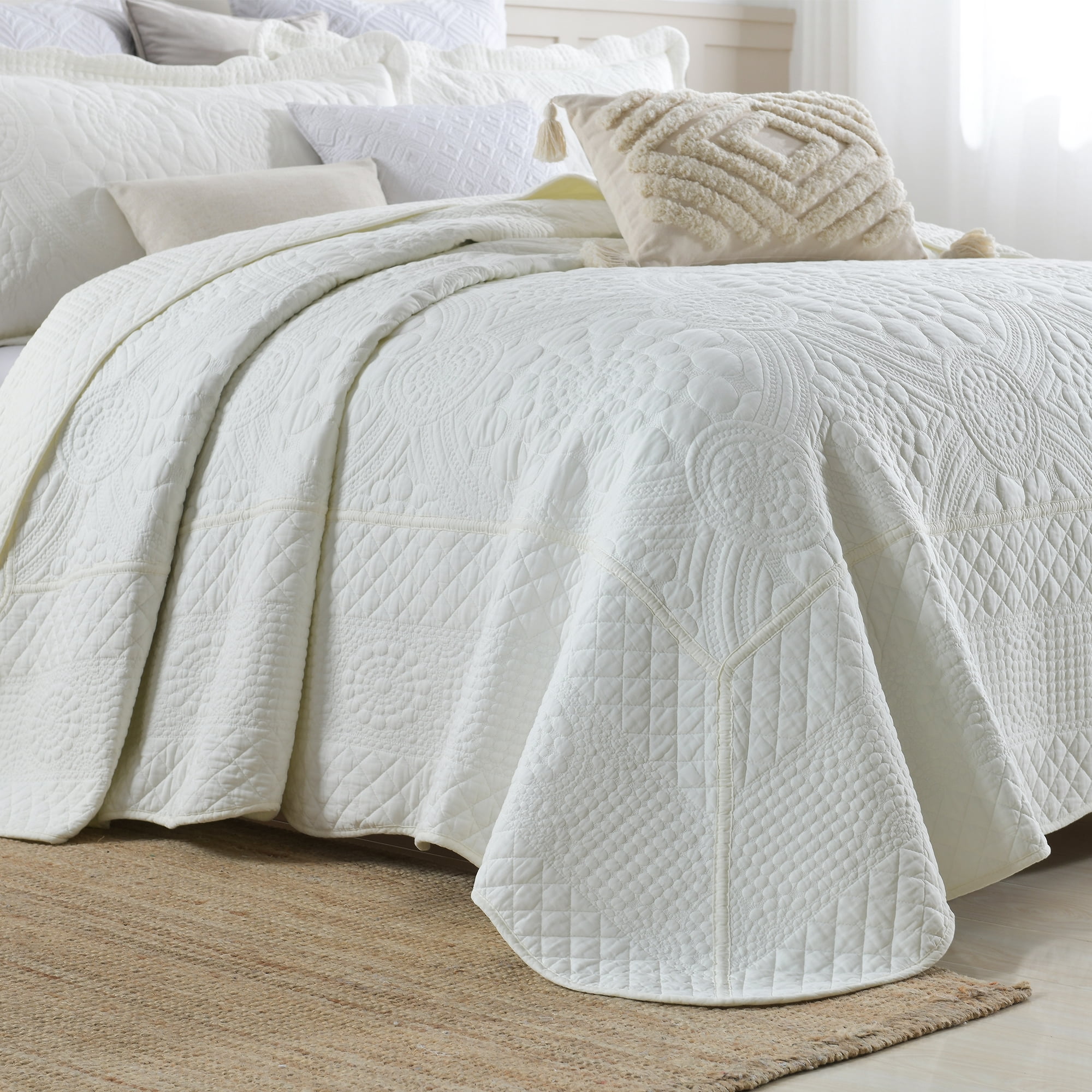 MarCielo  3Pcs 100% Cotton Oversized Quilt Bedspread Coverlet Set TF Premium White - Oversized King
