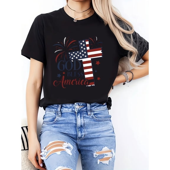 Women's Patriotic God Bless America T-Shirt Retro American Flag Cross Graphic Tee Independence Day 4th of July Short Sleeve Casual Top