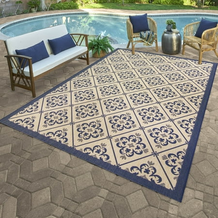 Paseo 5' x 7' Blue and Beige Trellis Outdoor Rug