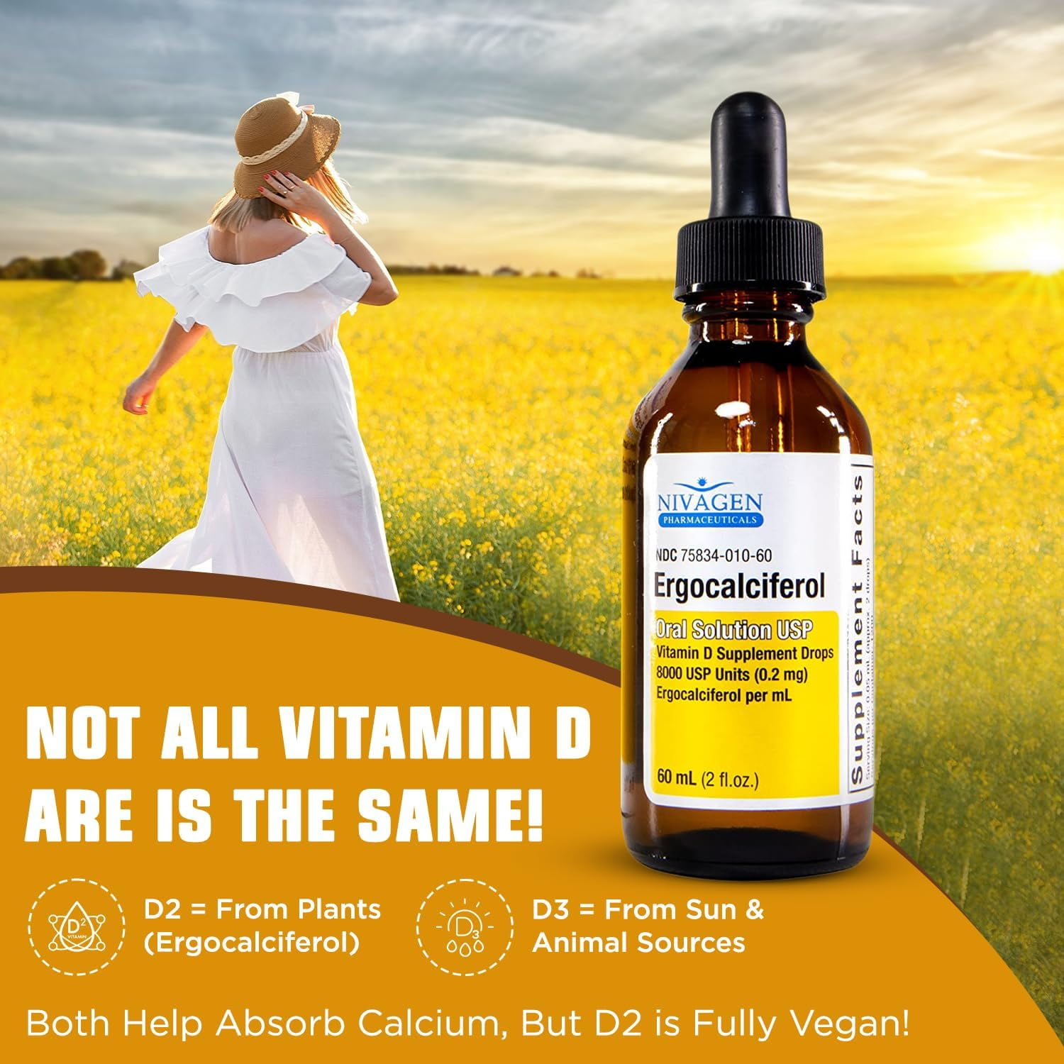 Nivagen Ergocalciferol Oral Vitamin D Supplement Drops, 8000 USP, 60 mL