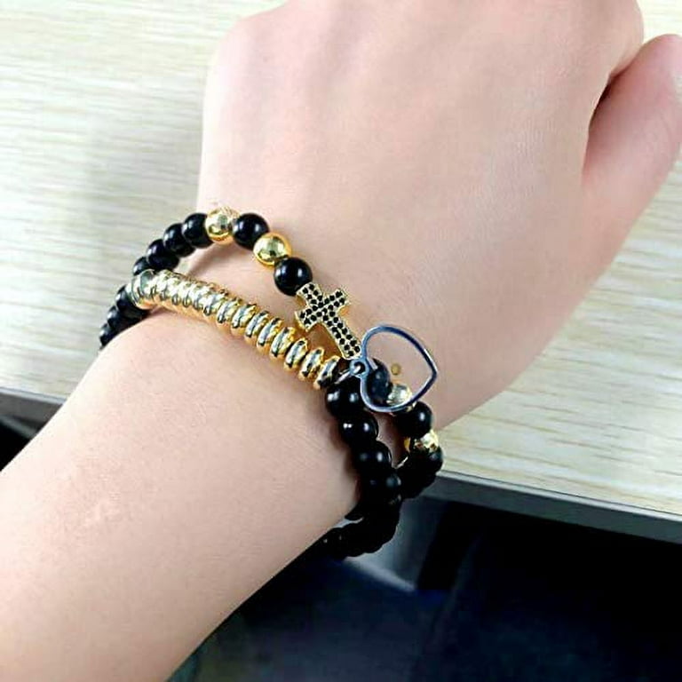 Uloveido 6mm Multilayer Bead Bracelet, Side Cross Bracelets with Charms  Mustard Seed, Unisex Gold Black Stacking Beaded Strand Cuff Bangles  Set(Gold) 