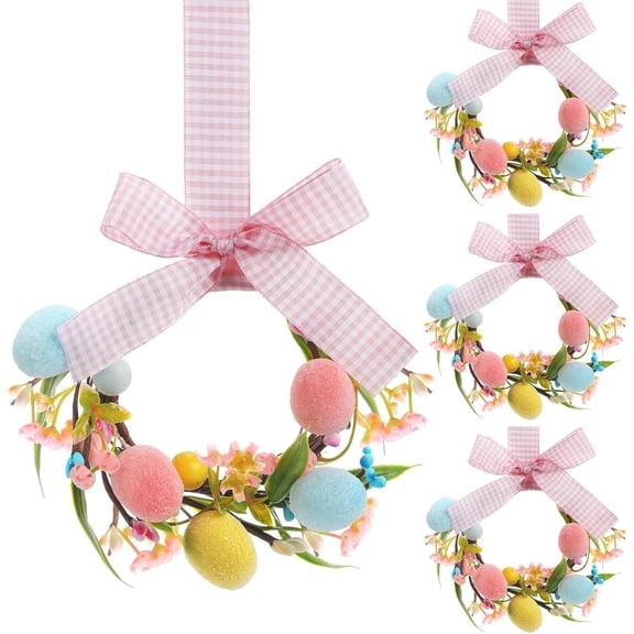 4 Pcs Easter Kitchen Cabinet Wreath with Plaid Bow Ribbon, 8.7'' Mini Artificial Easter Egg Wreath, Spring Berry for Front Door Window Wall Easter Decor (Pink Bow)