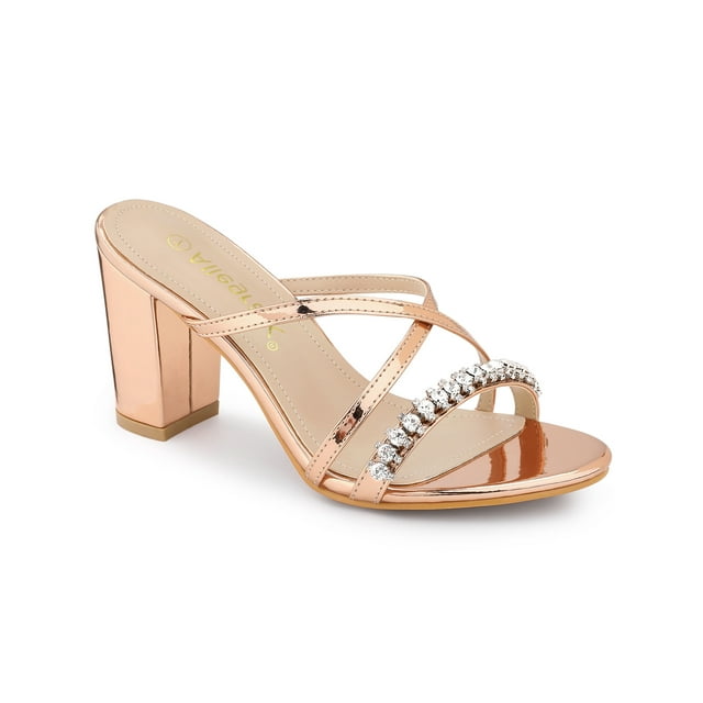 BLISSFUL STEP Sandales à Talons Blocs à Strass pour Femmes