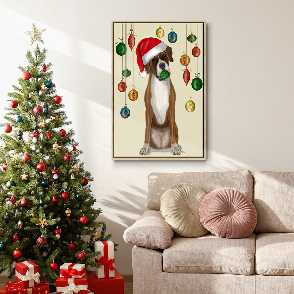 Christmas Boxer and Bauble Ball - Framed Gallery Wrapped Holiday Canvas - 17 x 25 - Natural Wood Frame