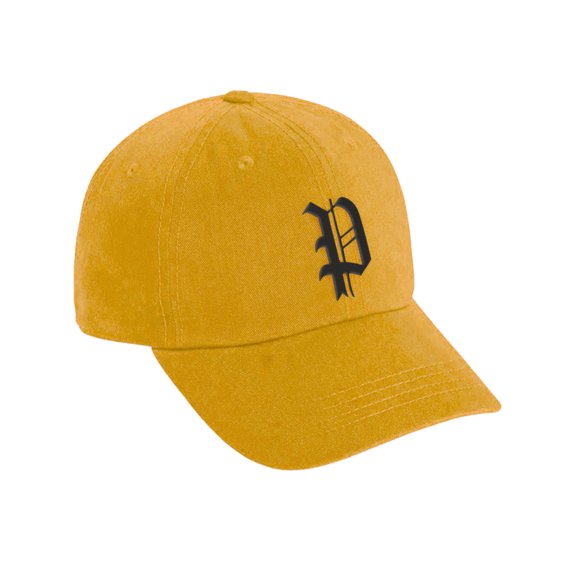 Daxton Low Profile Adjustable Baseball Dad Hat Cap Old English Font Alphabet A to Z, Gold Hat Black P