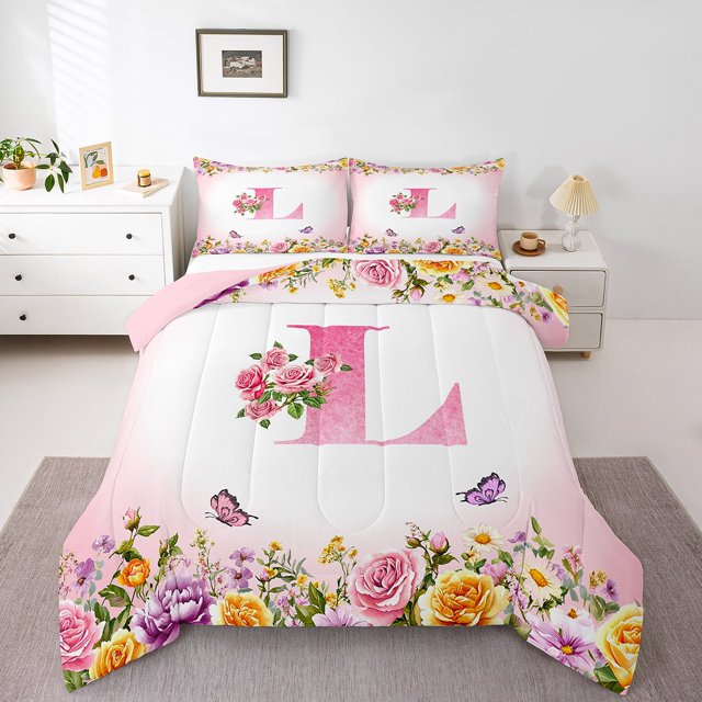 Erosebridal Letter Initial Bedding Twin Comforter Set,Monogrammed Personalized Down Comforter,Flower Decor,Reversible,Lightweight,2-Piece