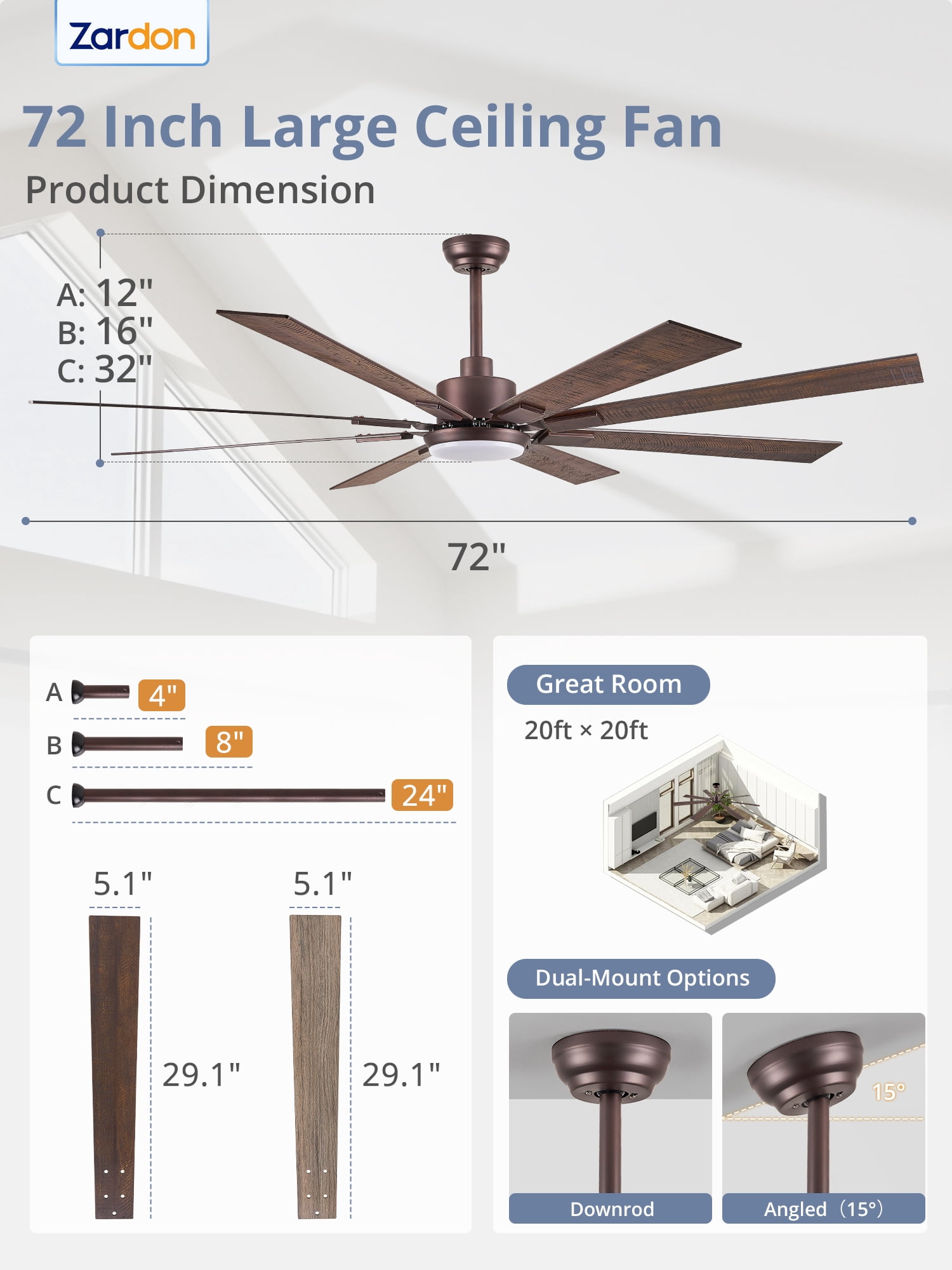 Zardon 72 inch Modern Ceiling Fan with Light and Remote Control, Large Ceiling Fan with Quiet DC Motor, 6 Speeds, 8 Reversible Blades for Indoor Outdoor Space- Oil Bronze