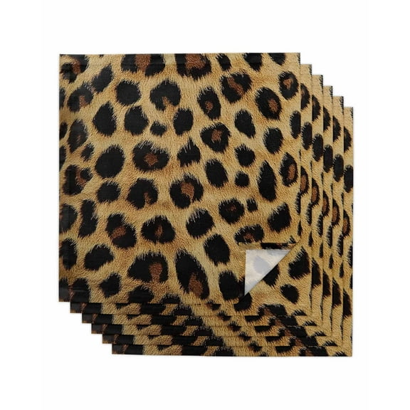 Leopard Print Cloth Napkins Washable Set of 6, Brown Yellow Retro Animal Fur Pattern Reusable Dinner Table Napkins Cloth Bulk for Weddings Kitchen Restaurants Hotel Events Parties 20 x 20 Inch