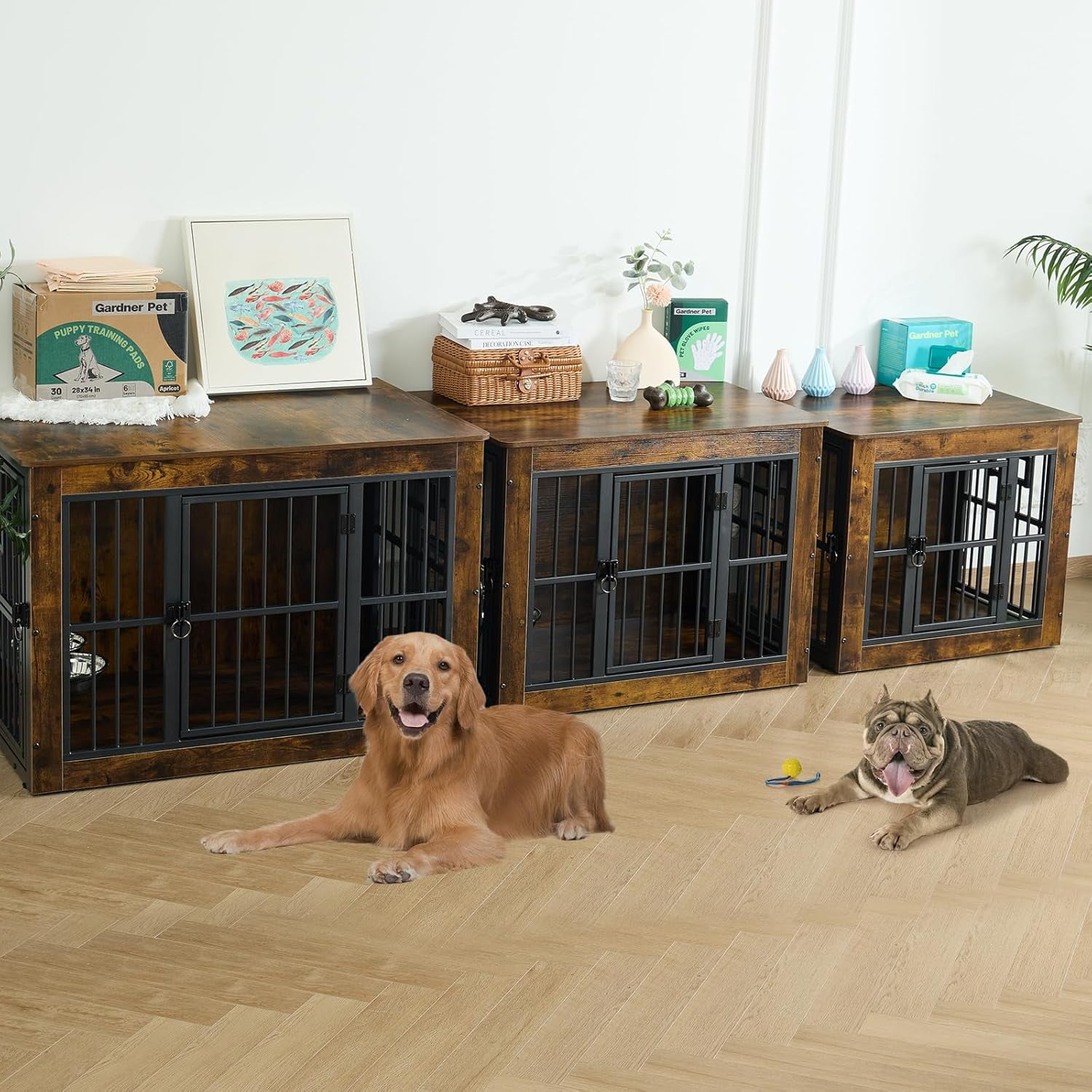 Nomipaw Wooden Dog Crate Furniture,Double-Doors Kennel Indoor for Small or Medium Dogs,Dog Cage Table with Steel Lock & Waterproof Top,Brown With Dog Bowls