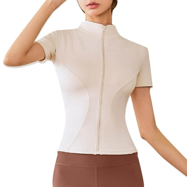 Chaqueta deportiva ajustada de manga corta con cuello alto y chaqueta de yoga de alta elasticidad para mujer - Material suave y duradero, diseño sólido y moderno
