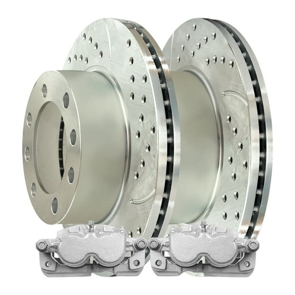 AutoShack Rear Drilled & Slotted Brake Rotors Calipers | Replacement for Chevrolet Silverado 2500 HD Classic GMC Sierra 2500 HD 6.0L V8 4WD RWD | Zinc Coated | 4-PC Brake Kit | SilverShield Pro