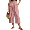 thumbnail image 5 of VV AVEORS Capris For Women Pull On Wide Leg Linen Cargo Pants Summer Buttons High Waist Beach Vacation Trousers With Pockets Pink L, 5 of 7
