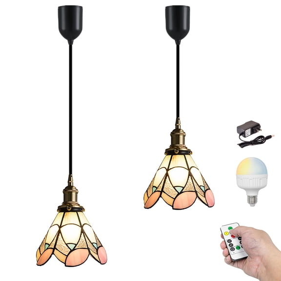 Kiven Battery Operated Pendant Light with Remote Control, Rechargeable Tiffany Hanging Pendant Light Adjustable Height with Stained Glass Lampshade for Bedroom Kitchen Living Room Home Decor(Set of 2)