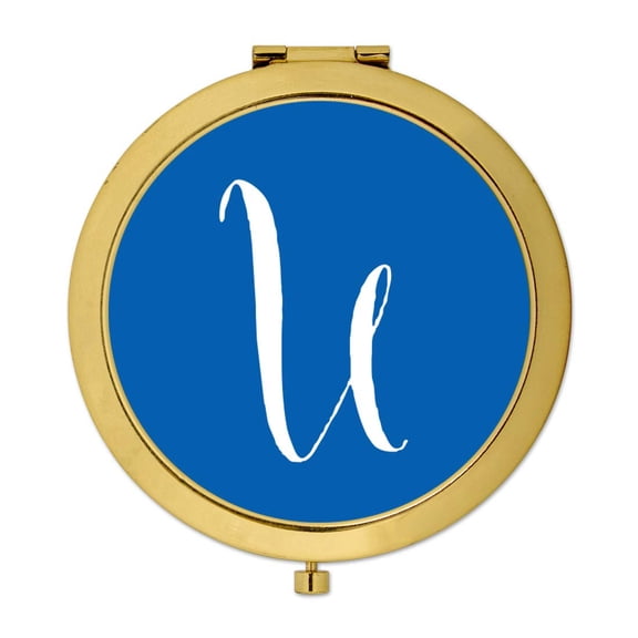Koyal Wholesale Gold Compact Mirror Bridesmaid's Wedding Gift, Royal Blue, Monogram Letter U, 1-Pack