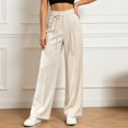 thumbnail image 2 of RUTAYY Women's Pants Tie Waist Pleated Wide Leg Solid Color Side Pockets Casual Trousers Beige, 2 of 4