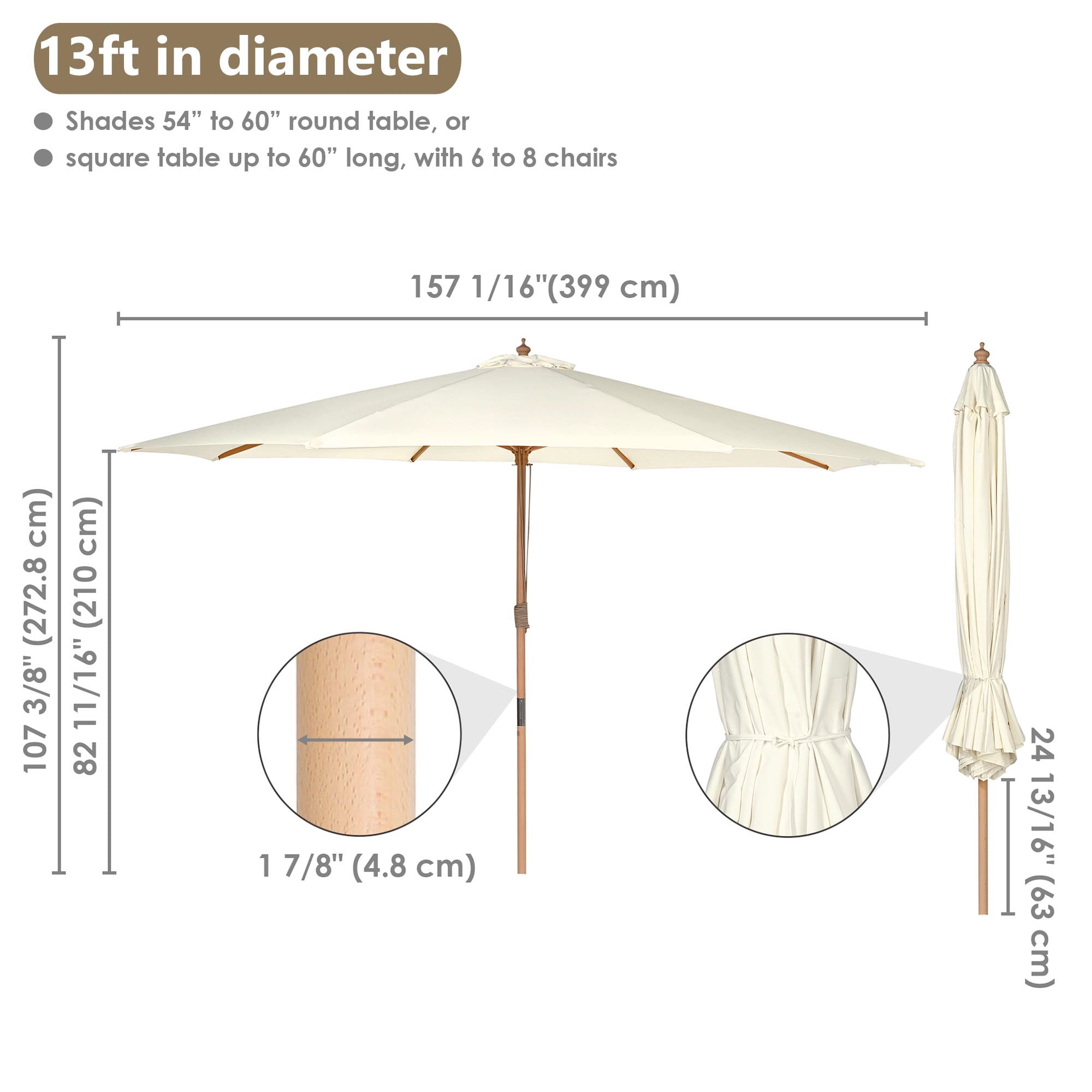 Yescom 13FT Large Wooden Outdoor Patio Umbrella Solid German Beech Pole Rope Pulley Lift for Deck Pool Backyard Garden Market Beach Parasol,Ivory