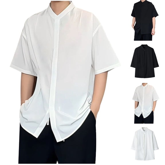 Ashirexll Mens Shirts Casual, Mens Button up Shirts Short Sleeve, Casual Summer Shirts Solid Color Short Sleeve Round Neck Button Plus Size Shirt