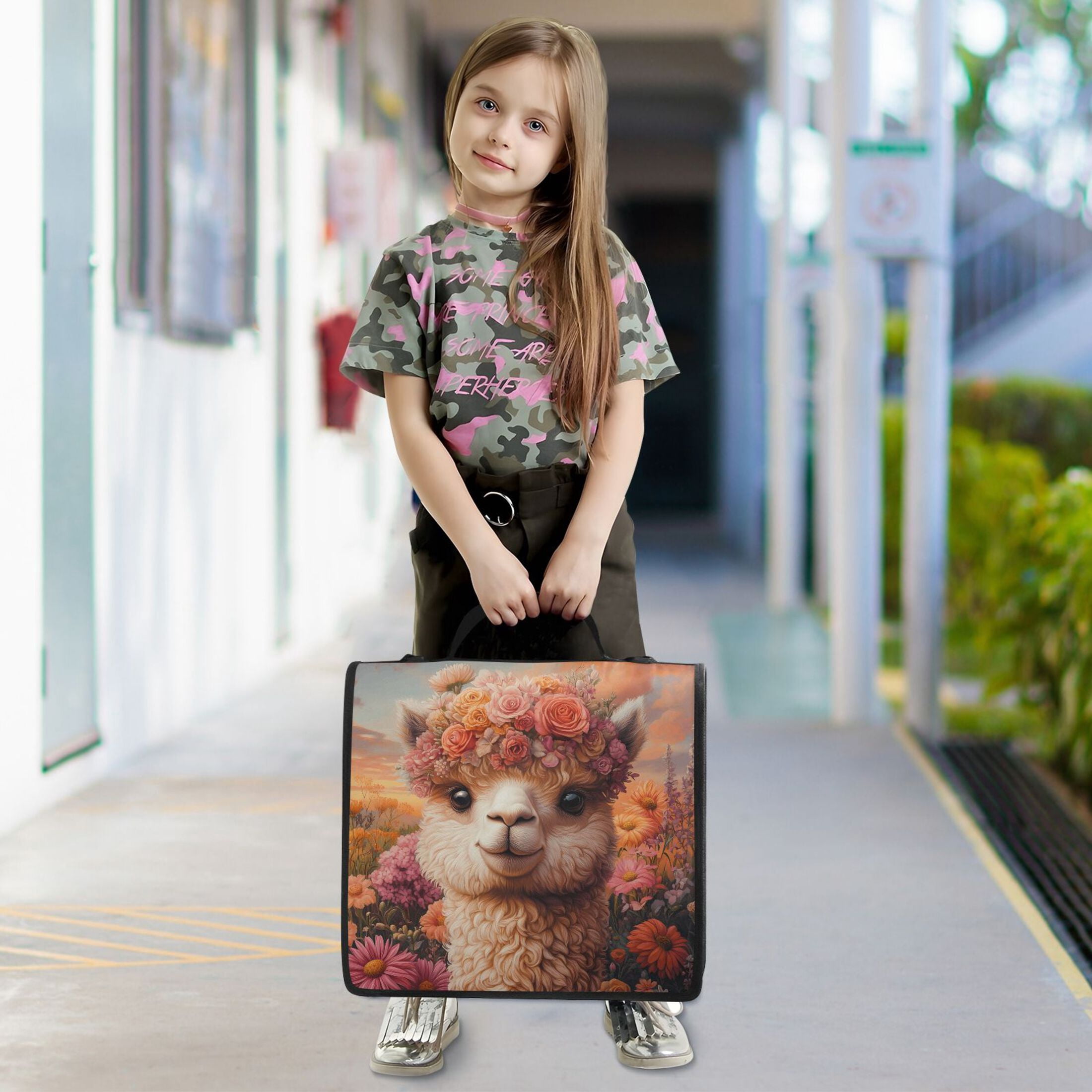 3 Ring Zipper Binder with Shoulder Strap Waterproof Trapper Keeper 2 Inch D-Ring 500 Sheets Capacity Alpaca in Flowers Sea