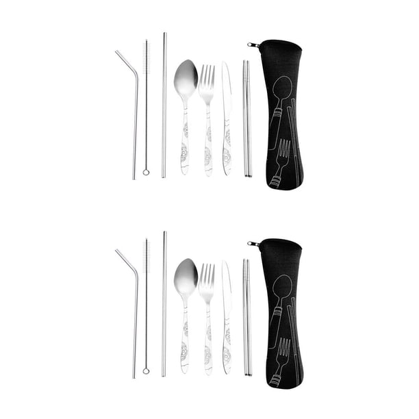 Bearachild Juego de 8 unids/set de cuchara y tenedor de alta calidad, juego de pajita de palillos de acero inoxidable, juego de vajilla portátil Negro 2piezas