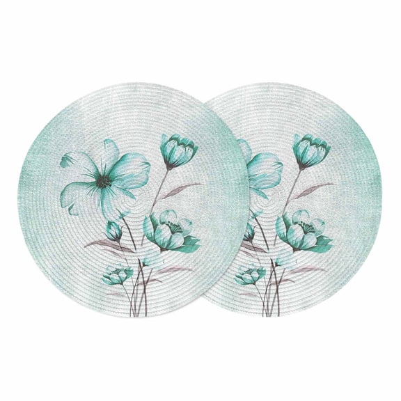 Turquoise Flowers Round 13 Inch Placemats Set of 2, Farmhouse Gradient Floral Plants HeatResistant Non Slip Place Mats for Dining Table, Wipeable Braided Kitchen Table Mats for Housewarming
