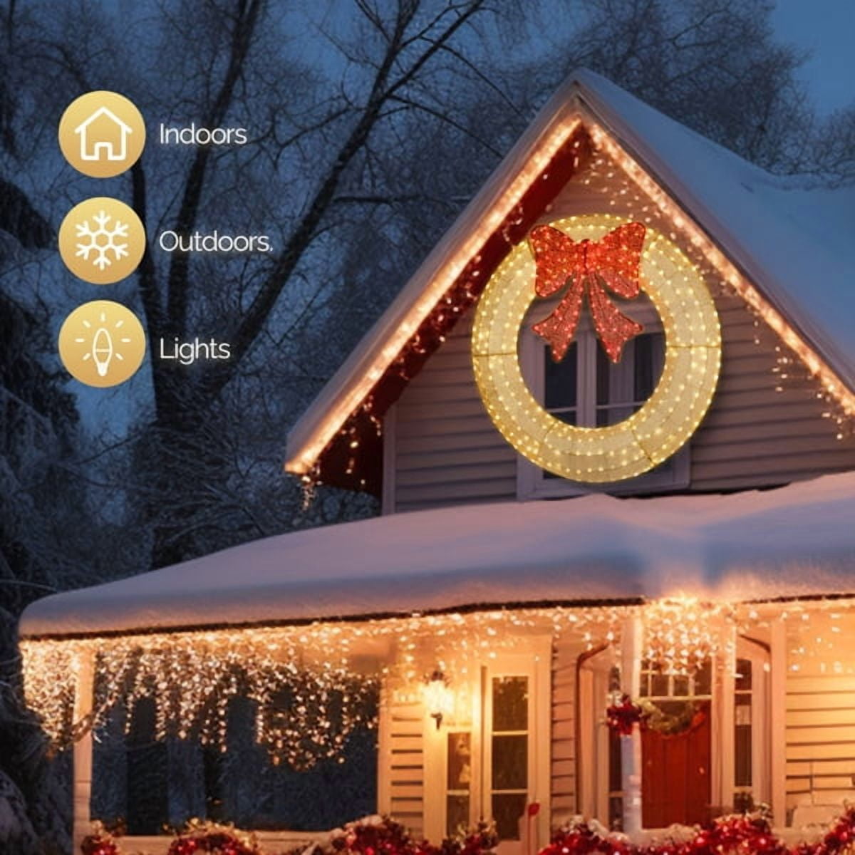 60in Pre-Lit Outdoor Christmas Wreath - 400 Warm White LED Lights, Gold Frame with Red Bow, Timer Remote Control, Weather-Resistant