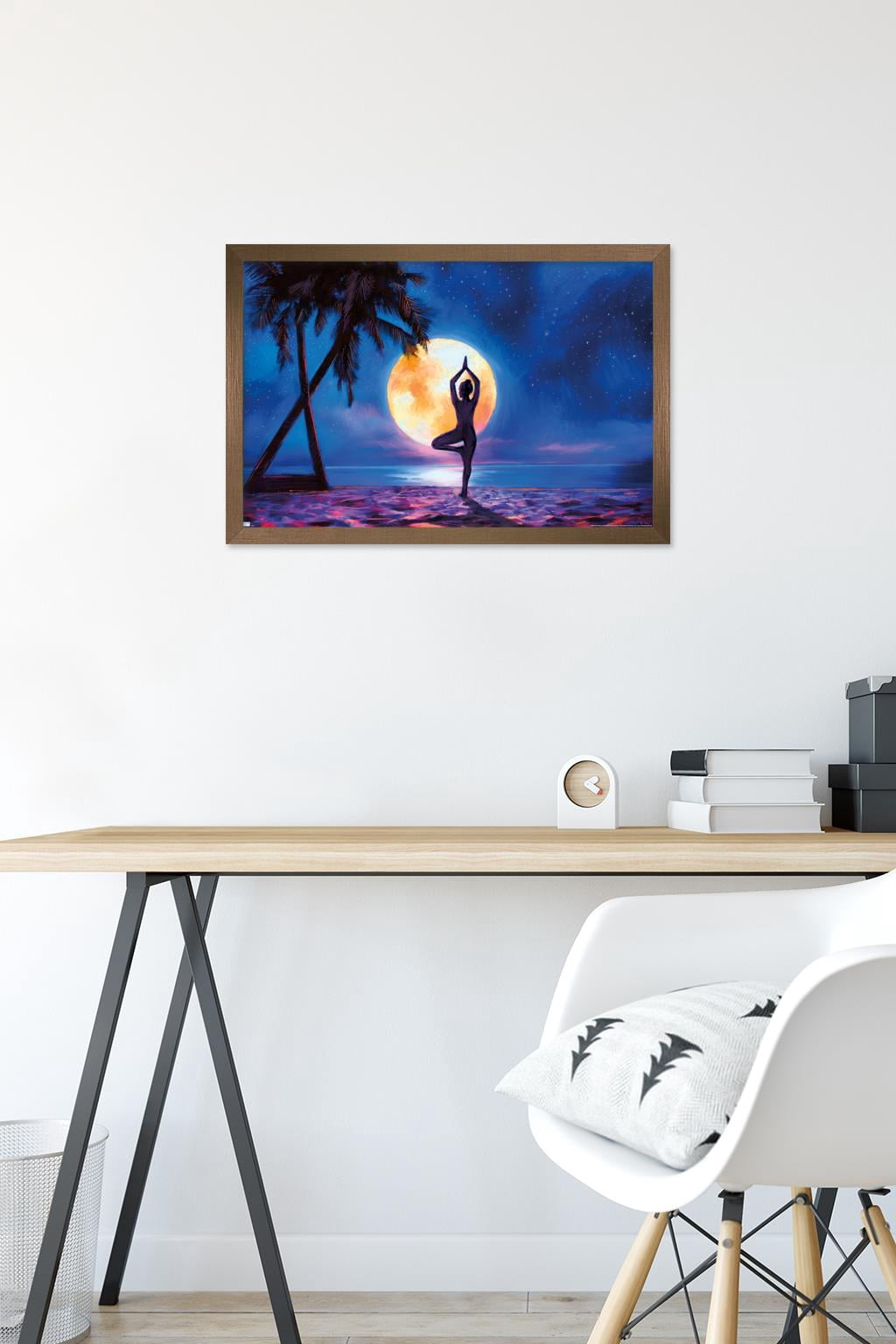 PD Moreno - Fine Art - Yoga Moonlight Beach Wall Poster, 14.725" x 22.375" Framed