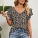 thumbnail image 2 of Mujeres V cuello camisetas verano elegante impresión doble volantes suelta mujeres manga corta casual verano tops N ° 2 flor XL, 2 of 6