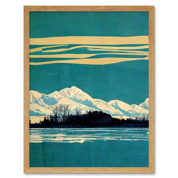 Winter Lakeside Landscape With Snowy Mountains Duotone Teal Art Print Framed Poster Wall Decor 12x16 inch